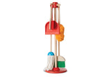 Colorful six-piece kids' cleaning set with broom, mop, duster, dustpan, and brush, designed for imaginative play and responsibility.