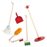 Six-piece kids' cleaning play set featuring a broom, mop, duster, dustpan, and hand brush with durable wood handles.