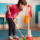 Colorful six-piece kids' cleaning set with broom, mop, duster, dustpan, and hand brush, designed for imaginative play and development.