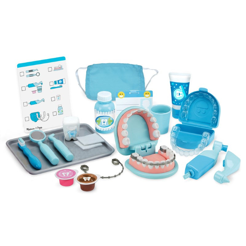 Children's dentist play set with 25 pieces, including oversized teeth, tools, a mask, and educational activity card for imaginative play.