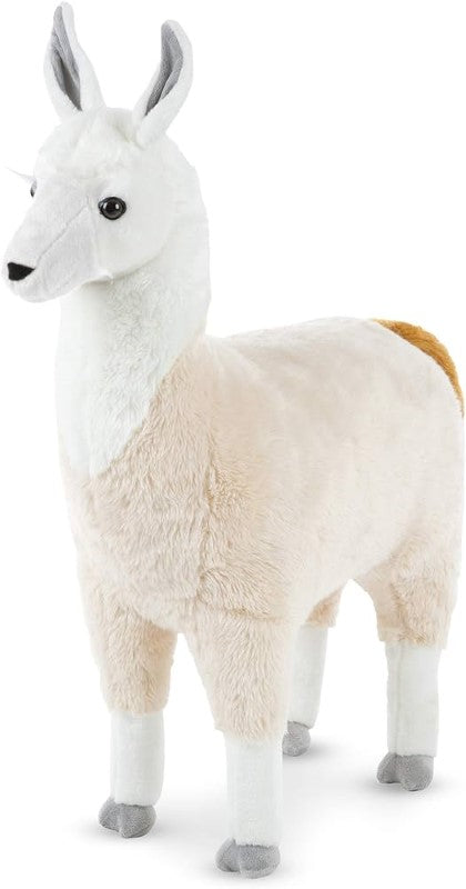 Soft tri-colored llama plush by Melissa & Doug, 2.5 feet tall, perfect for cuddles and imaginative play.