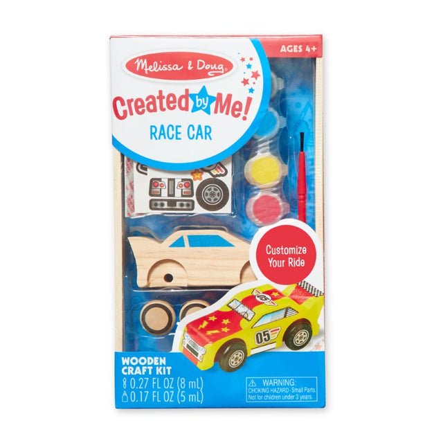 Wooden race car craft kit by Melissa & Doug, ideal for kids to assemble, paint, and personalize their own unique vehicle.