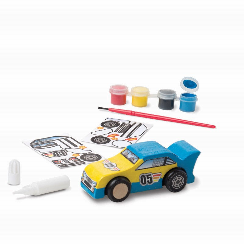 Colorful wooden race car craft kit by Melissa & Doug, includes paint, stickers, and assembly materials for creative play.