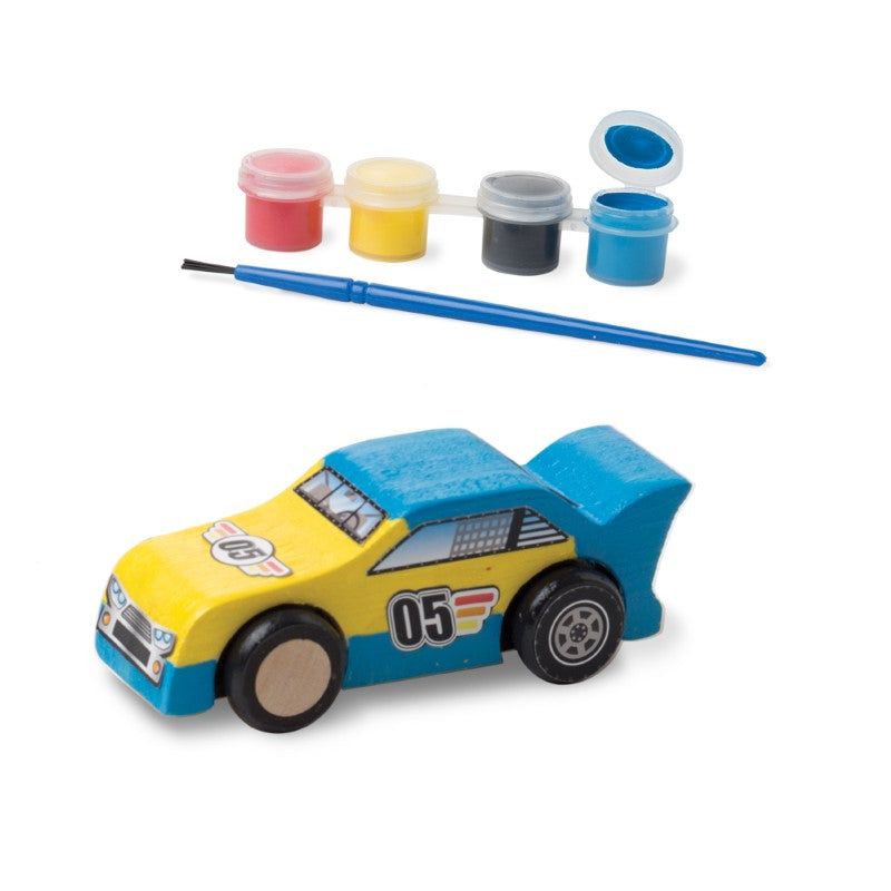 Colorful wooden race car craft kit from Melissa & Doug, includes paint, stickers, and assembly tools for creative play.