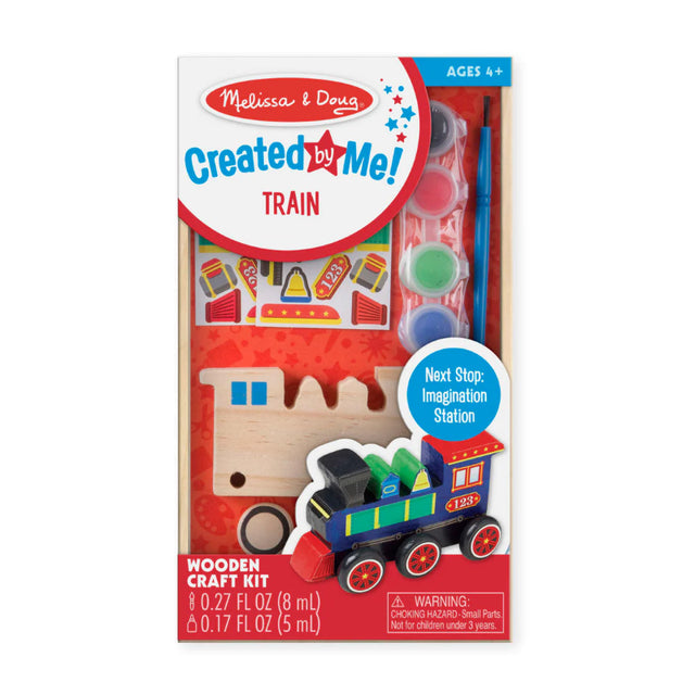 Colorful wooden train craft kit with 6 wheels, stickers, and paint for kids to personalize and develop creative skills.