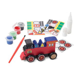 A wooden craft kit for kids to design and personalize their own train, promoting creativity and fine motor skills.