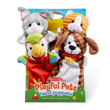 Colorful four-piece glove puppet set featuring a rabbit, parrot, kitten, and puppy for imaginative play and storytelling.