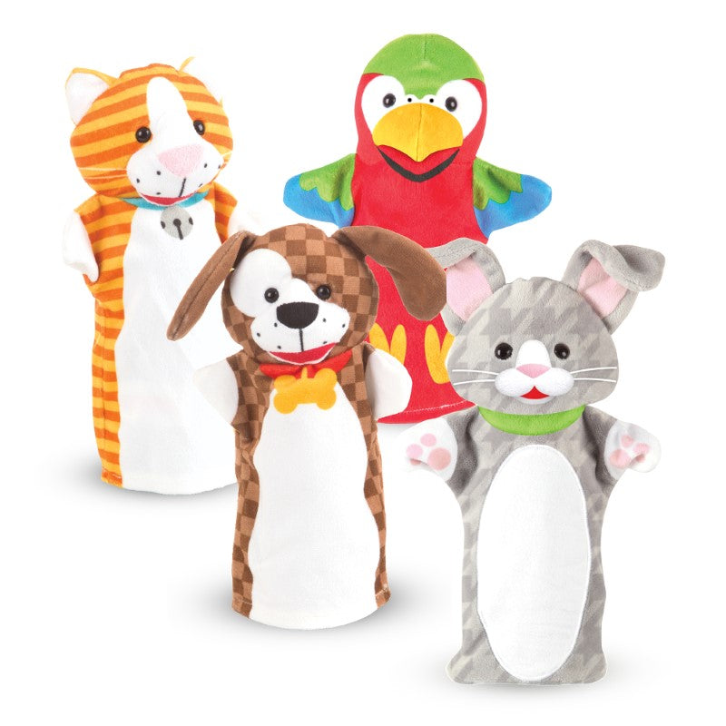 Colorful four-piece hand puppet set featuring a rabbit, parrot, kitten, and puppy for imaginative play and storytelling.