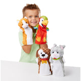 Colorful Playful Pets Hand Puppets set featuring a rabbit, parrot, kitten, and puppy, designed for imaginative play and storytelling.