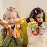 Four colorful hand puppets - a rabbit, parrot, kitten, and puppy - designed for imaginative play and storytelling.