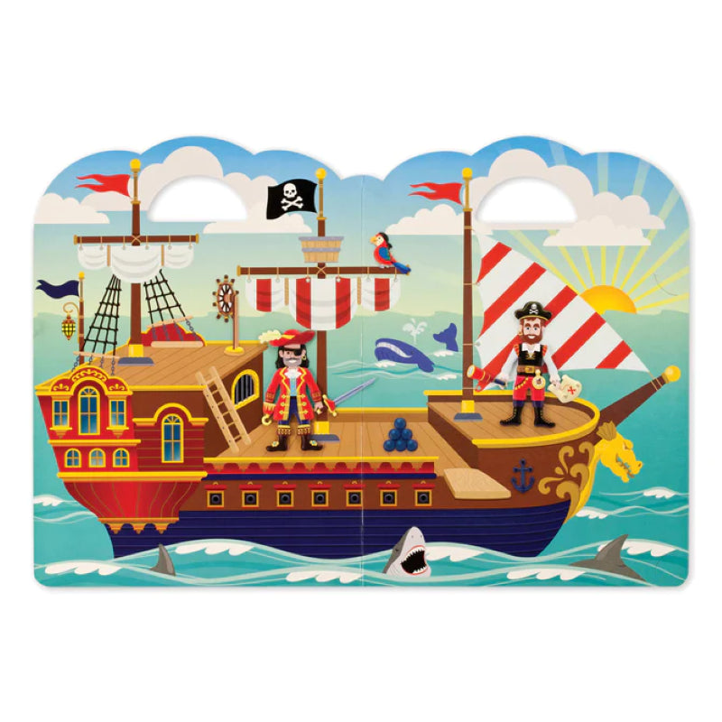 Interactive pirate-themed sticker play set featuring 51 vibrant puffy stickers and a double-sided background board.