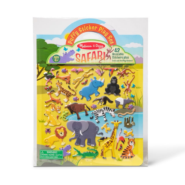 Puffy Sticker Play Set featuring 42 safari animal stickers and a fold-out background for imaginative storytelling adventures.