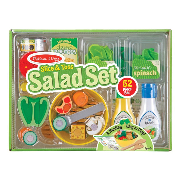 Colorful 52-piece salad play set featuring felt greens and slice-able wooden vegetables for imaginative, healthy play.