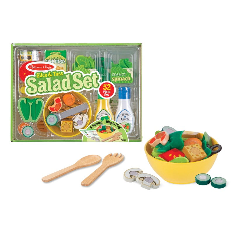 Colorful 52-piece Slice & Toss Salad Set for imaginative play, featuring felt greens, wooden veggies, and dressing bottles.