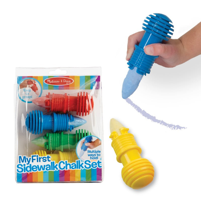 Colorful sidewalk chalk set for toddlers, featuring four vibrant colors and adjustable holders for easy grip and clean hands.