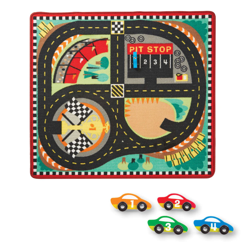 Colorful round race track rug from Melissa & Doug, featuring pit stops and four wooden cars, promoting imaginative play for kids.