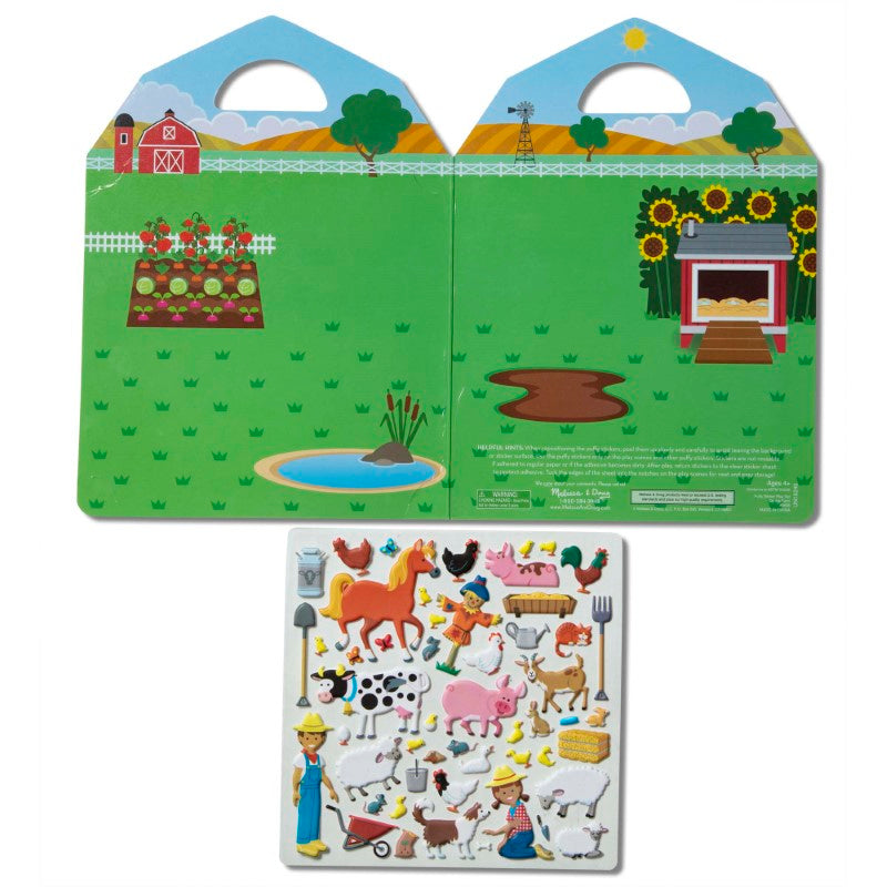 Colorful farm-themed puffy stickers for imaginative play, featuring animals and tools on a reusable double-sided board.