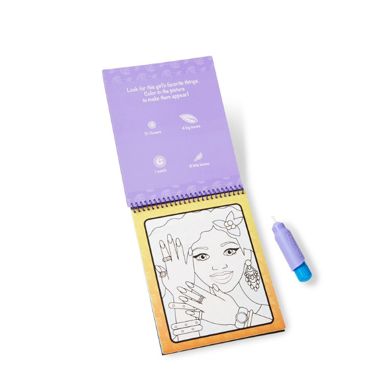 No-mess water coloring book featuring makeup and manicure scenes for creative kids, includes reusable pages and a chunky water pen.