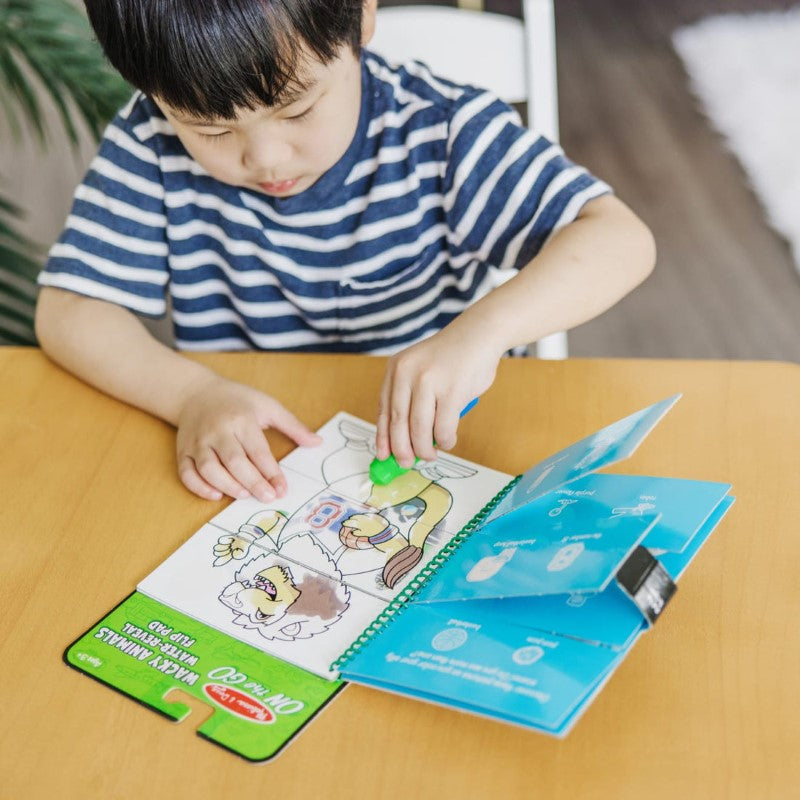 Water Wow! Wacky Animals flip pad with reusable pages, water pen, and fun search-and-find activities for creative kids.