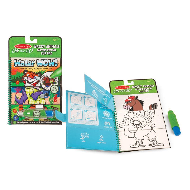 Water Wow! Wacky Animals coloring book with reusable pages, refillable pen, and fun search-and-find activities for kids.