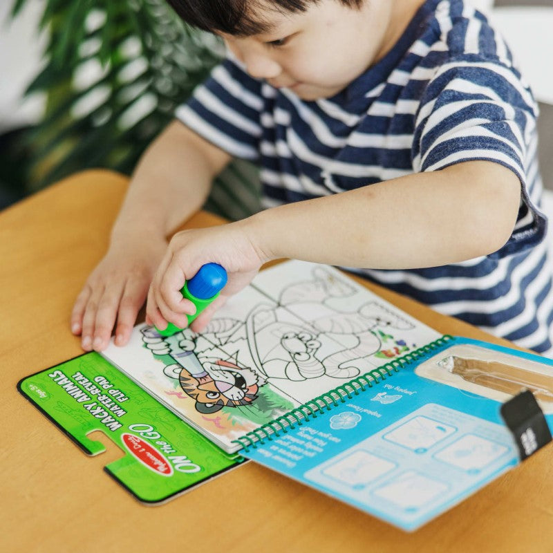 Coloring book featuring reusable pages and a water pen, allowing kids to create and erase colorful animal designs mess-free.