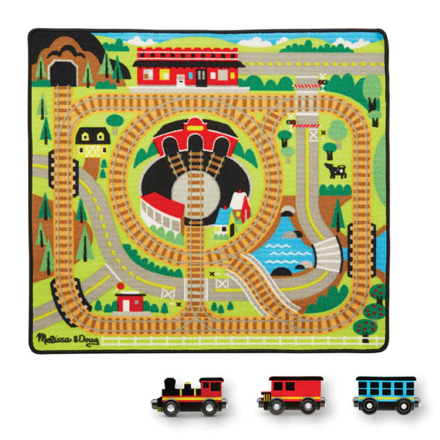 Colorful Round the Rails Train Rug by Melissa & Doug featuring tracks, train station, and three wooden train cars for imaginative play.