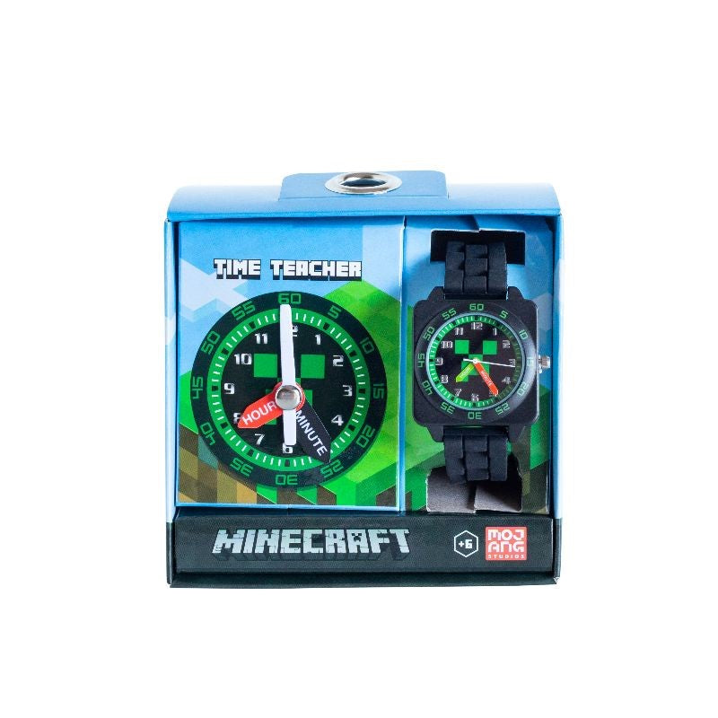 Minecraft-themed Time Teacher Watch with labeled dials, durable design, and rubber strap for kids learning to tell time.