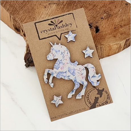 Mini textured unicorn wall art set in vintage floral blue, perfect for enchanting nursery or bedroom decor.