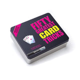 Collection of 50 card tricks in a stylish tin, featuring Marvin's Magic cards and exclusive props for aspiring magicians.