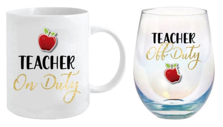 Teacher gift set featuring a 360ml mug for hot beverages and a 600ml stemless glass for relaxation, stylish and functional.