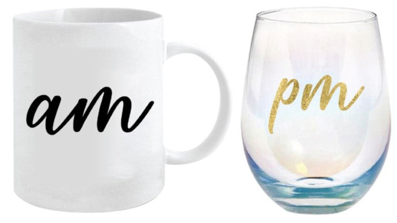 Elegant Am Pm mug and stemless glass gift set, perfect for coffee, tea, wine, or cocktails in stylish 360ml and 600ml sizes.