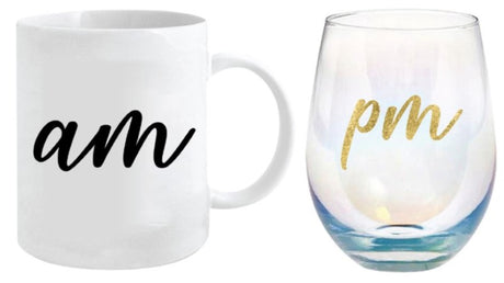 Elegant Am Pm mug and stemless glass gift set, perfect for coffee, tea, wine, or cocktails in stylish 360ml and 600ml sizes.