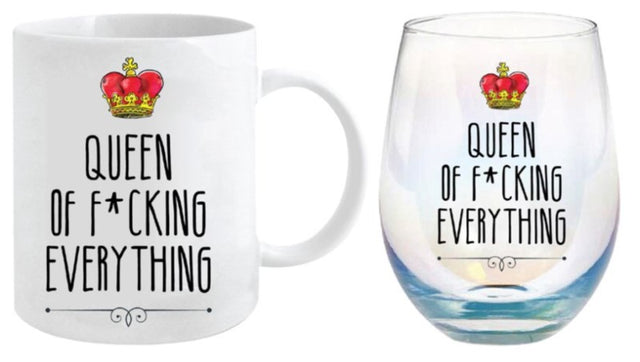 Elegant Queen 360ml Mug and 600ml Stemless Glass gift set, perfect for tea and wine lovers, ideal for any celebration.