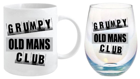 Grumpy mug and stemless glass gift set, featuring fun designs for coffee, tea, wine, and cocktails. Perfect for any occasion.