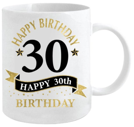Elegant white and gold 30th birthday mug (360ml) featuring the number '30', perfect for drinks and celebrations.
