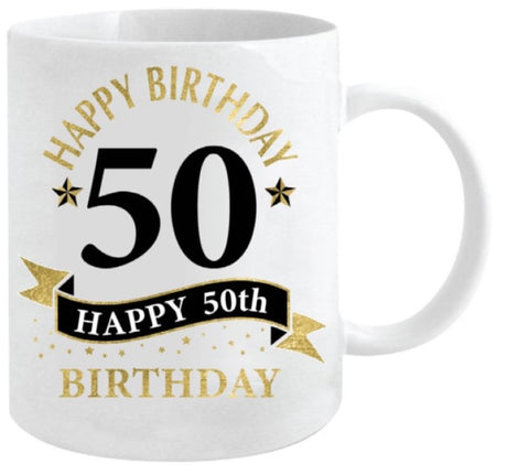 Elegant white and gold 50th mug (360ml) celebrating milestones, perfect for beverages and as a memorable gift.