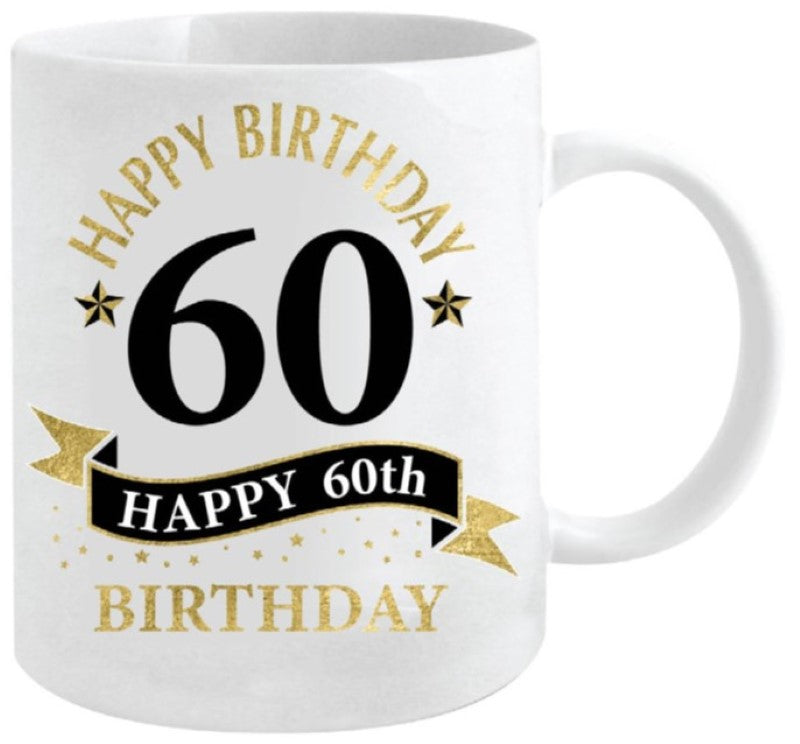 Elegant white and gold 360ml mug for 60th birthday celebrations, perfect as a keepsake or gift.