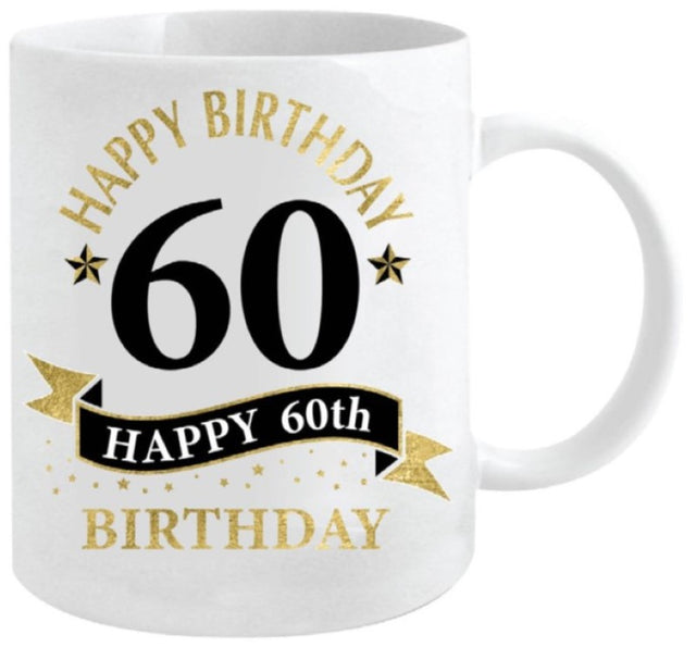 Elegant white and gold 360ml mug for 60th birthday celebrations, perfect as a keepsake or gift.