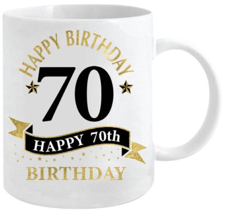 Elegant white and gold ceramic mug for 70th birthdays, 360ml capacity, perfect for coffee or tea lovers.