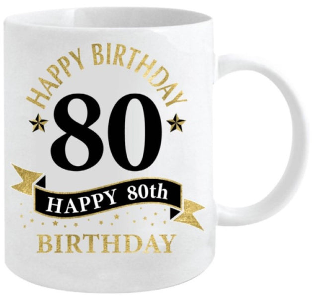 Elegant white and gold 80th mug (360ml) perfect for celebrating milestones with coffee or tea, a cherished keepsake.