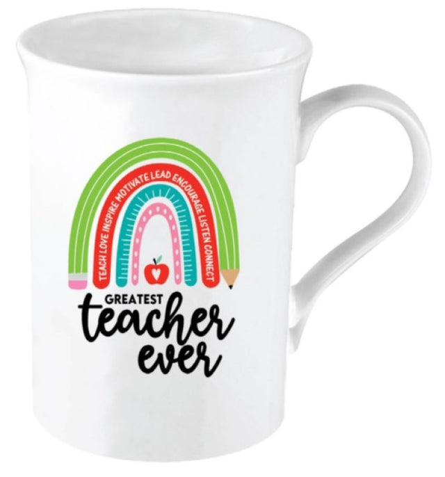 Ceramic mug featuring "Greatest Teacher Ever" design, perfect for coffee or tea, celebrating educators' impact and dedication.