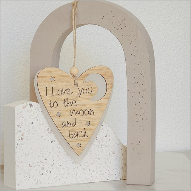 White satin acrylic heart and moon hanging ornament, 90mm x 105mm, perfect for home decor and special gifts.