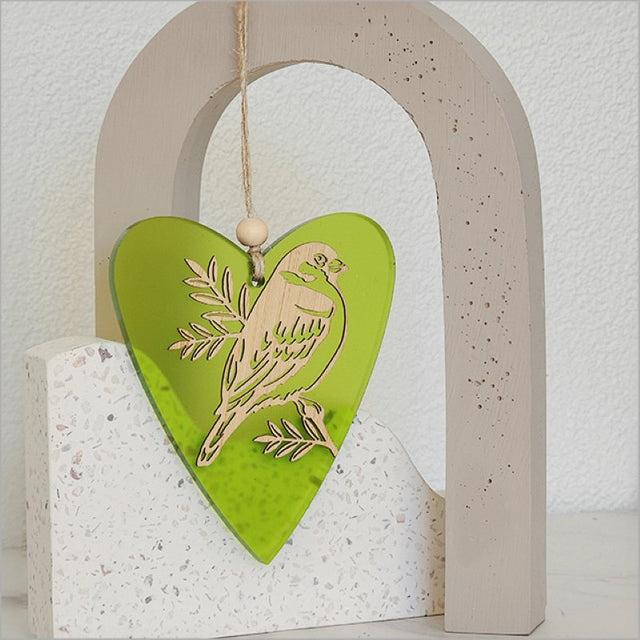 Vibrant lime heart-shaped ornament featuring laser-cut bamboo and satin acrylic, ideal for home decor and gifts.
