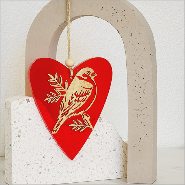 Red satin acrylic heart ornament featuring a laser-cut sparrow design, perfect for home decor and gifting.