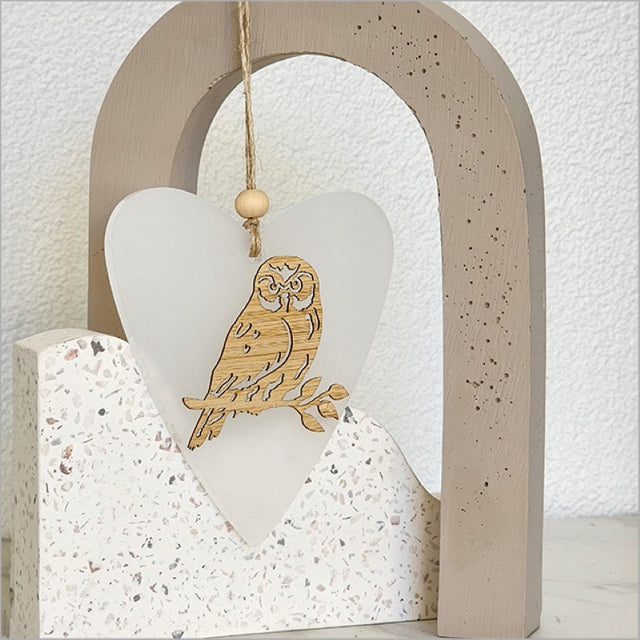 Elegant white satin acrylic heart ornament, 90mm x 105mm, perfect for holiday decor or thoughtful gifts.