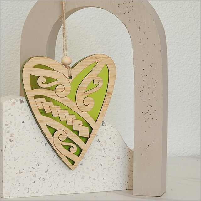 Heart-shaped lime satin acrylic hanging ornament, ideal for home decor and thoughtful gifts, measuring 90mm x 105mm.