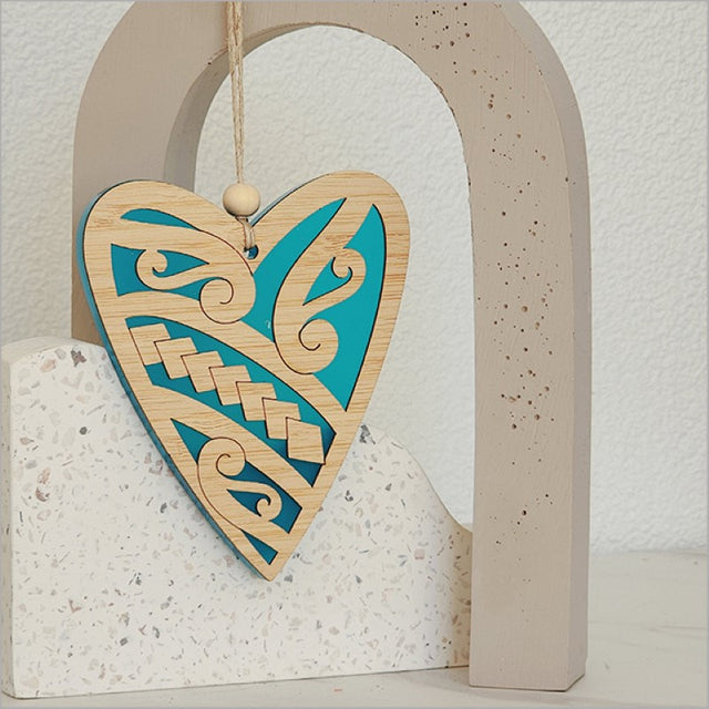 Teal satin acrylic heart ornament with laser-cut bamboo, perfect for holiday decor and gifting, 90mm x 105mm size.