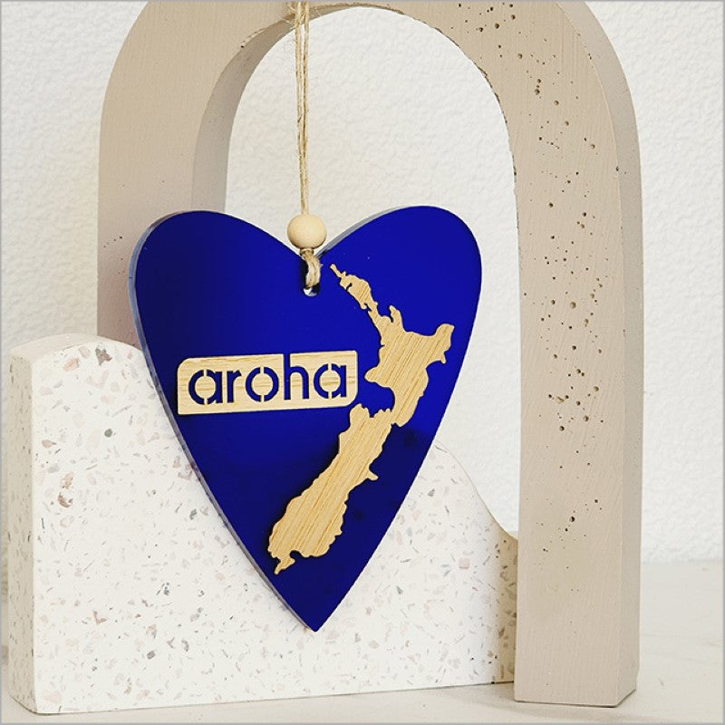Blue satin acrylic heart ornament, 90mm x 105mm, perfect for home decor or thoughtful gifts, symbolizing love and connection.