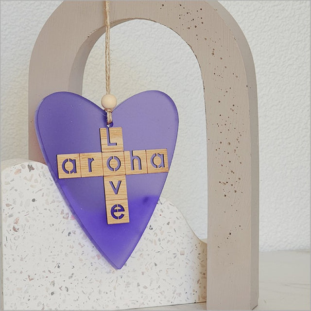 Elegant purple satin acrylic heart ornament with laser-cut bamboo, perfect for home decor or heartfelt gifts.
