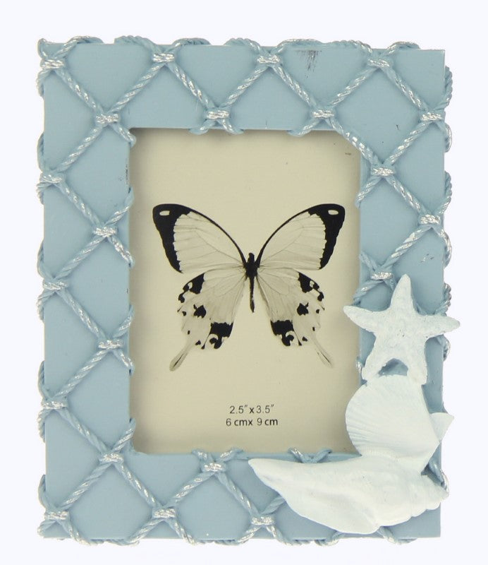 Set of 2 blue shell frames with fishing net design, ideal for coastal decor and showcasing cherished memories.